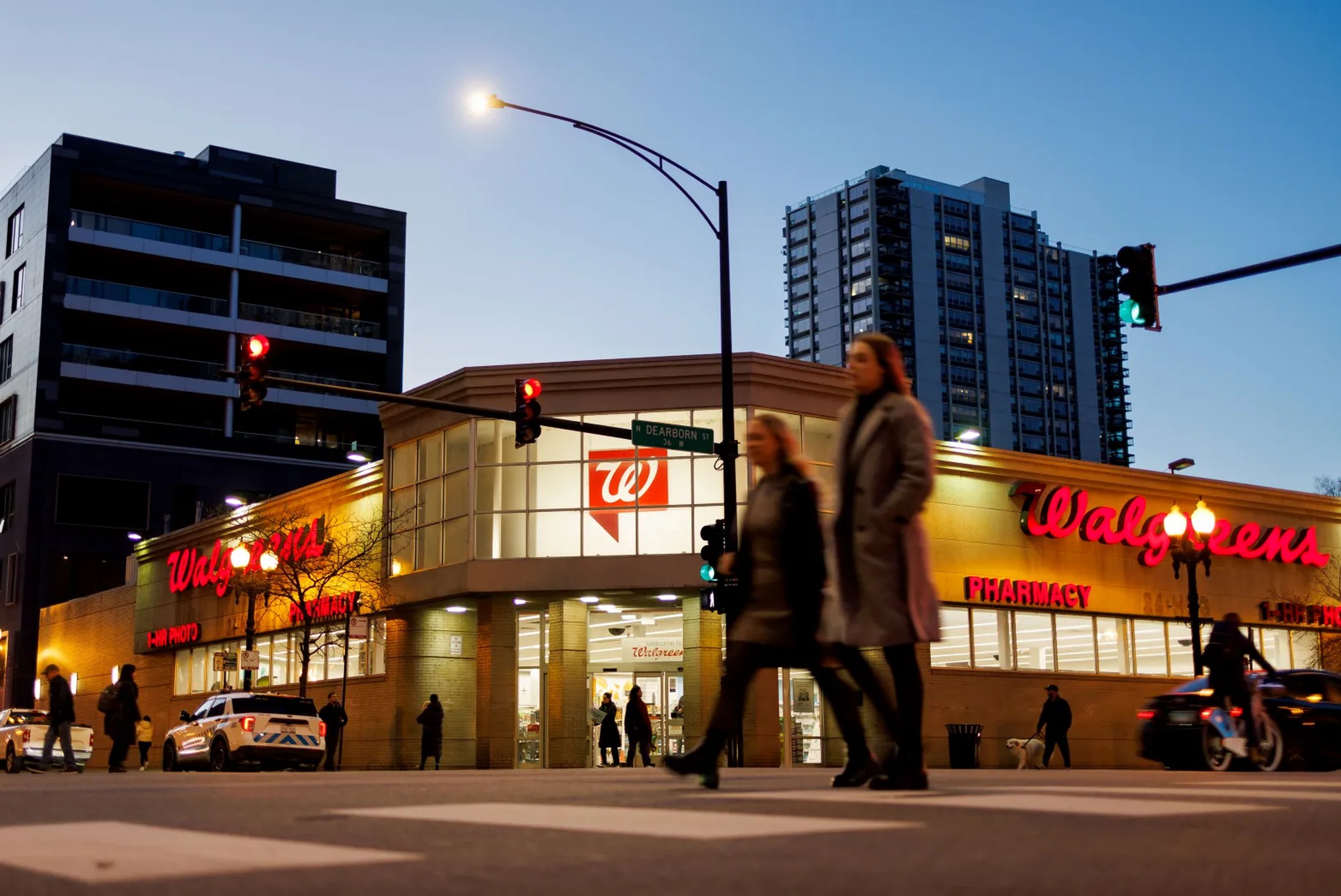 Walgreens retail storefront at dusk